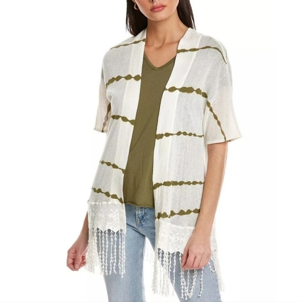 XCVI Cream Green Meshy Fringe Kimono Cardigan Boho Beachy Cover Up Size XL